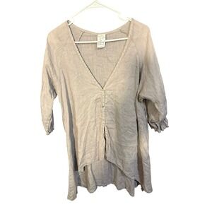 Match Point 100% Linen V Neck Button Front Hi Lo Tunic Top XL